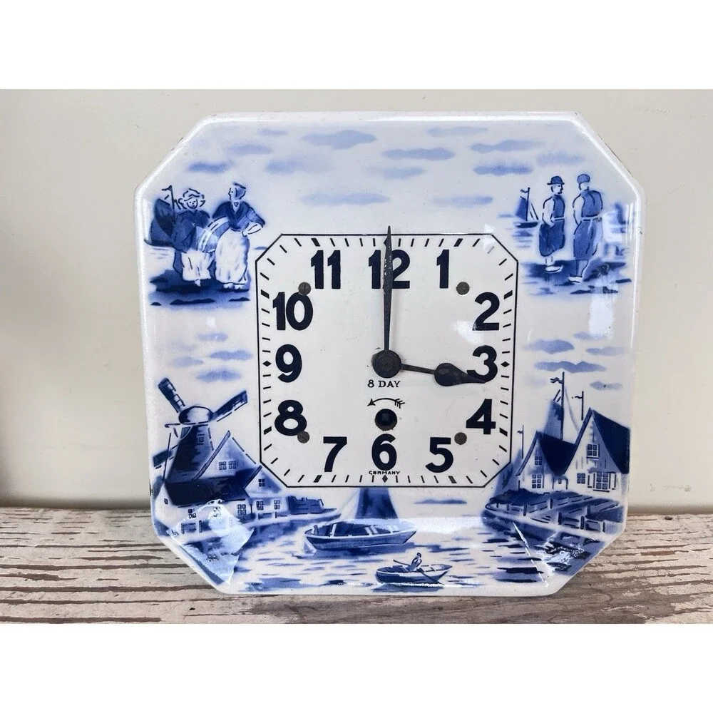 Antique 1920's German Blue Delft 10 Day RARE Wall Plate Clock No Key Untested